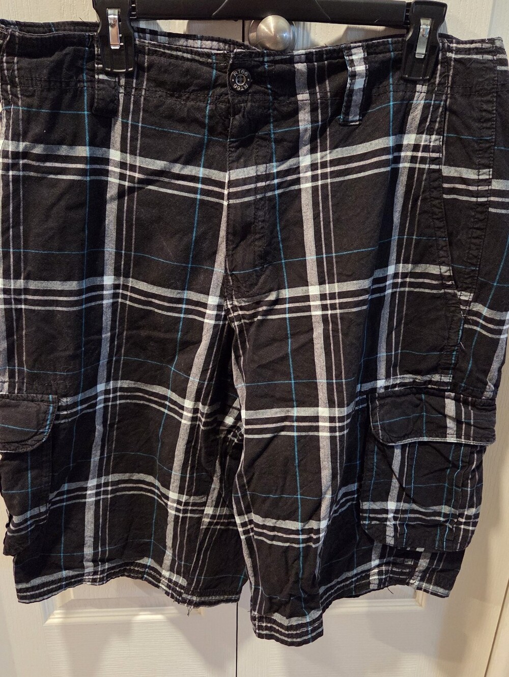Route 66 Black Plaid Cargo Shorts with White and Blue Stripes